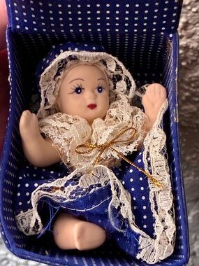 Vintage Miniature Porcelain Baby Doll in Matching Fabric Box
